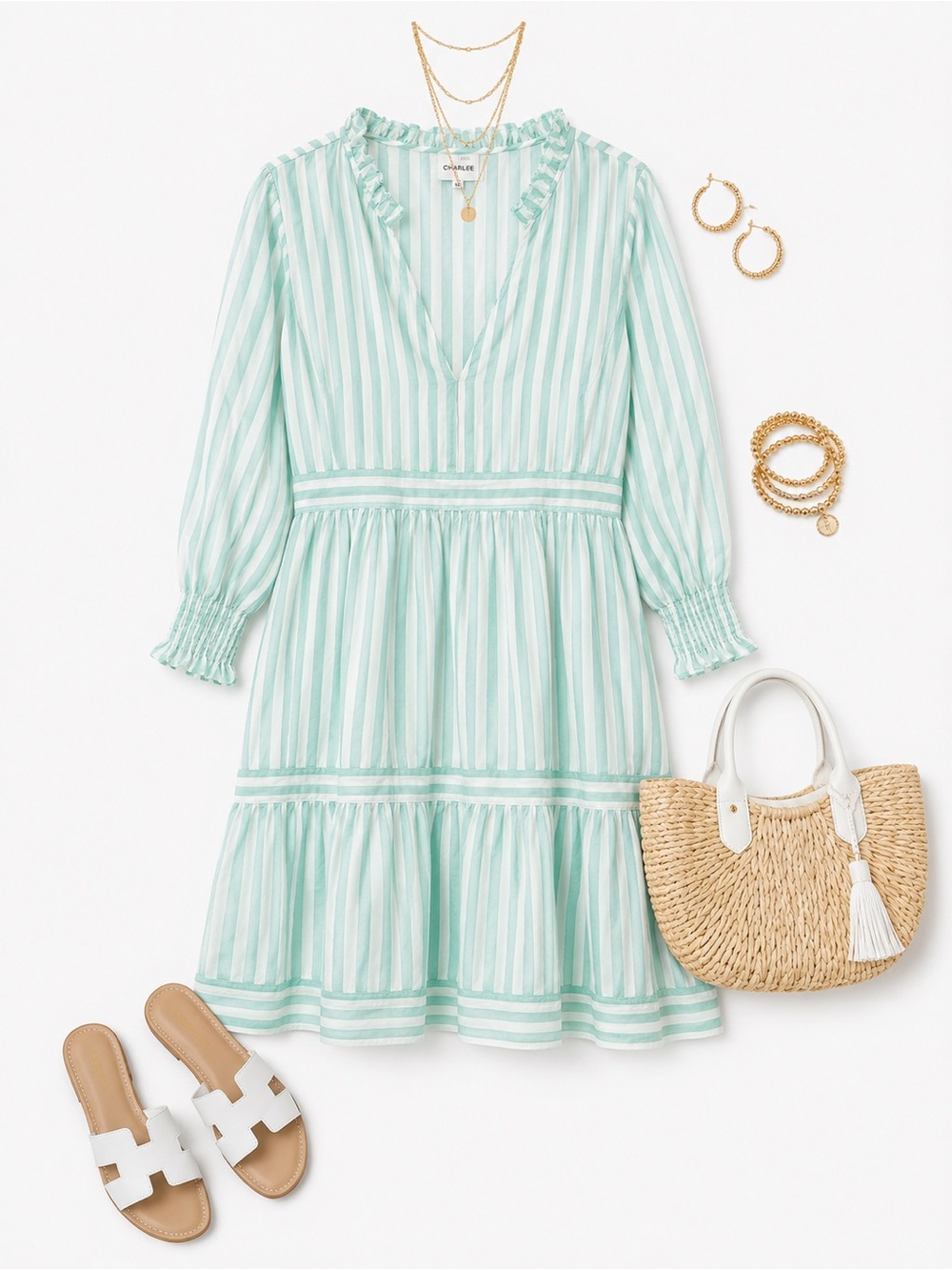 Light Mint Striped Tiered Mini Dress with Ruffle V-Neck